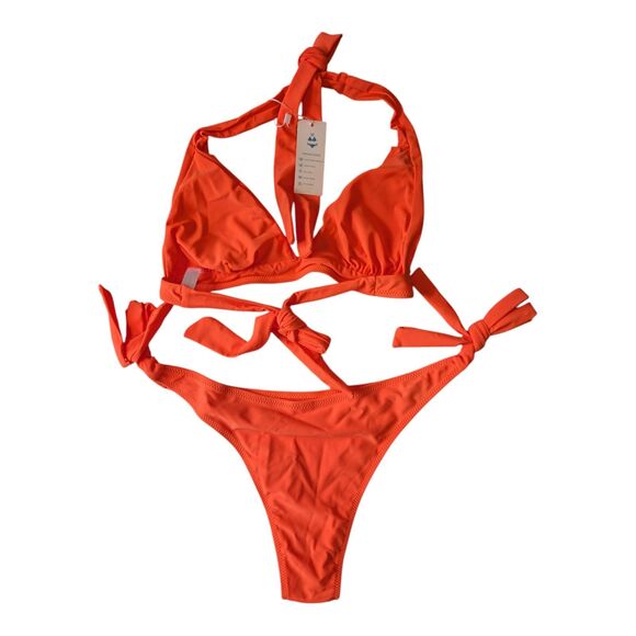 Beachsissi Swim String Bikini Neon Orange Size XL High Cut Triangle Halter Top - Picture 4 of 10